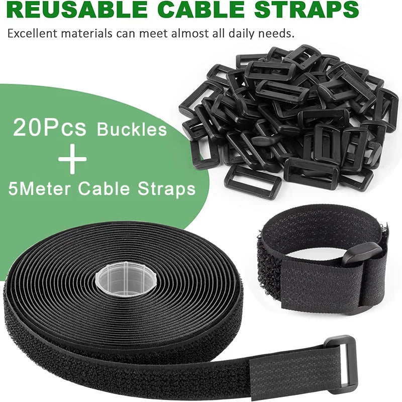 5Meter Hook and Loop Straps with 20 Buckles Adjustable Reusable Cable Strap Arbitrarily Free Cut Length Fixing Nylon Cinch Strap