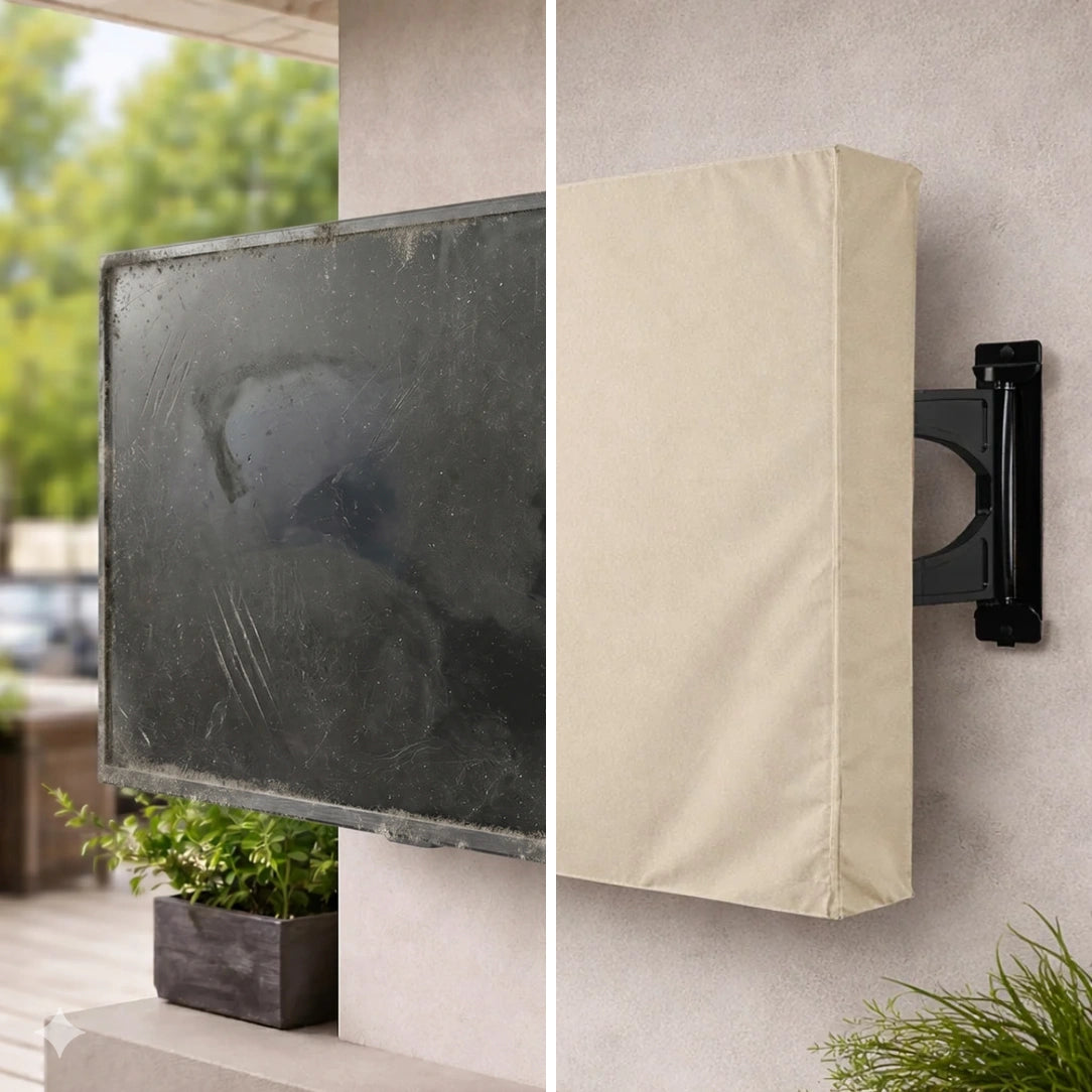 Outdoor TV cover protecting wall-mounted screen from dust and weather, durable beige fabric cover