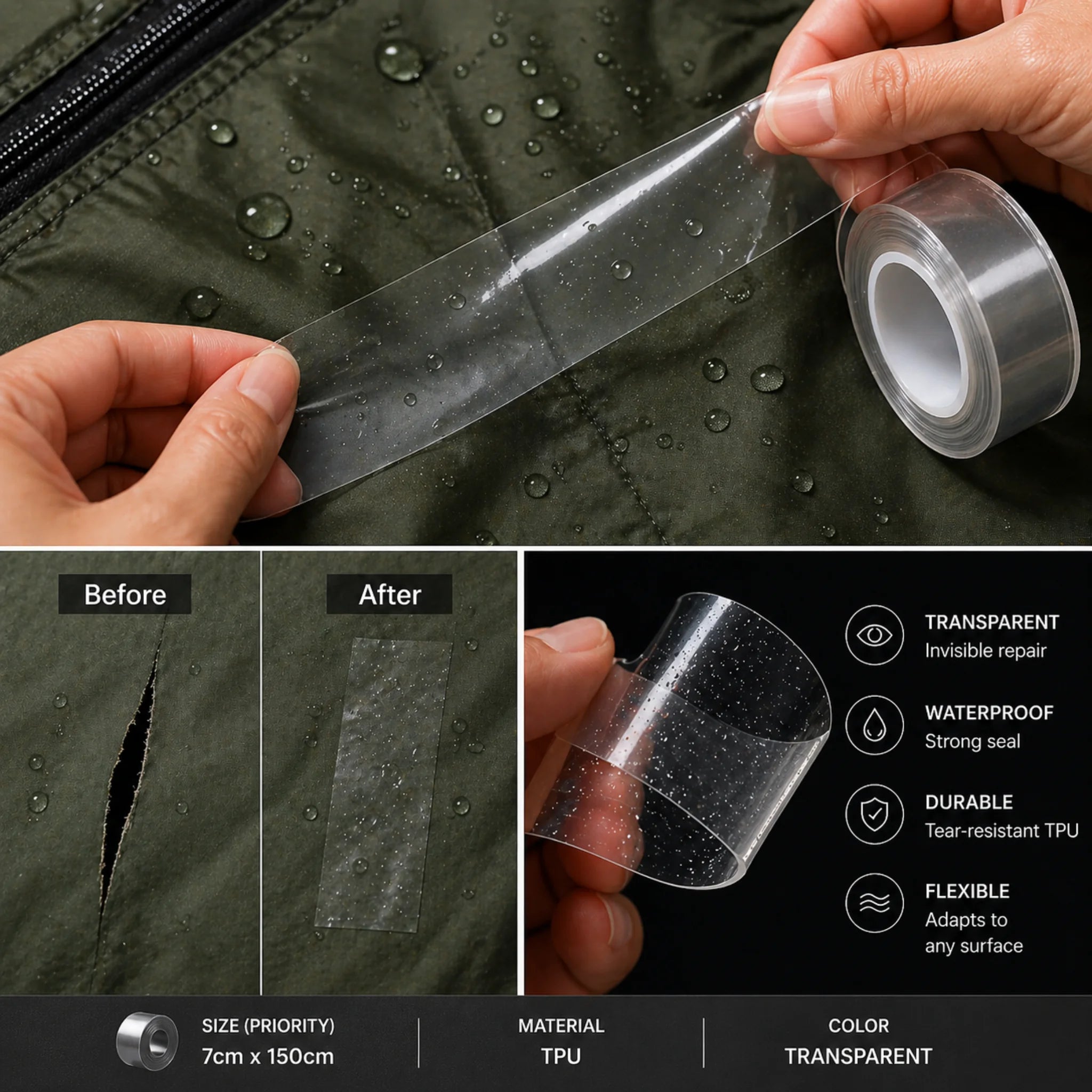 Transparent Waterproof Repair Tape – Invisible Protection for Outdoor Covers & Fabrics