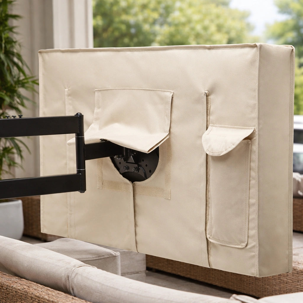 Beige outdoor TV cover with pockets, protecting mounted TV on patio furniture