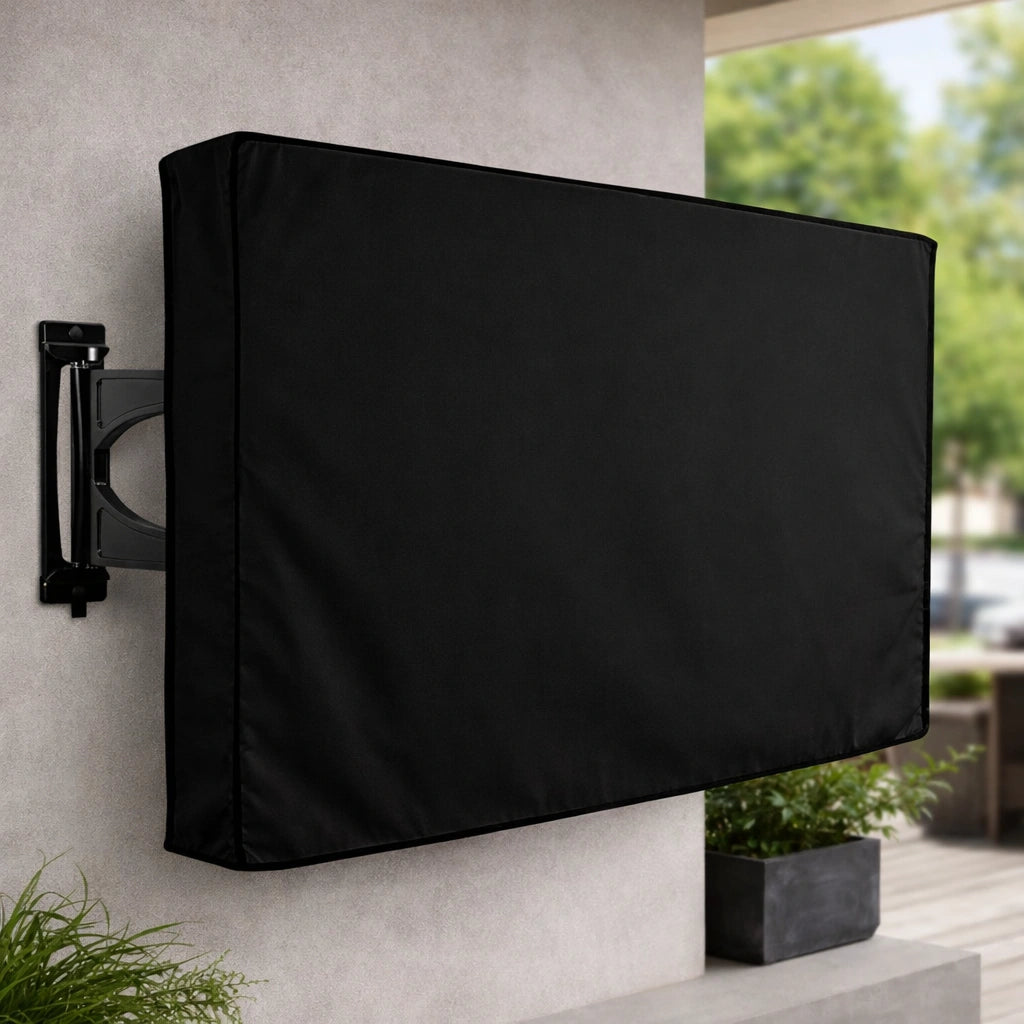 Black outdoor TV cover protecting wall-mounted screen on patio, durable weatherproof protection for outdoor entertainment