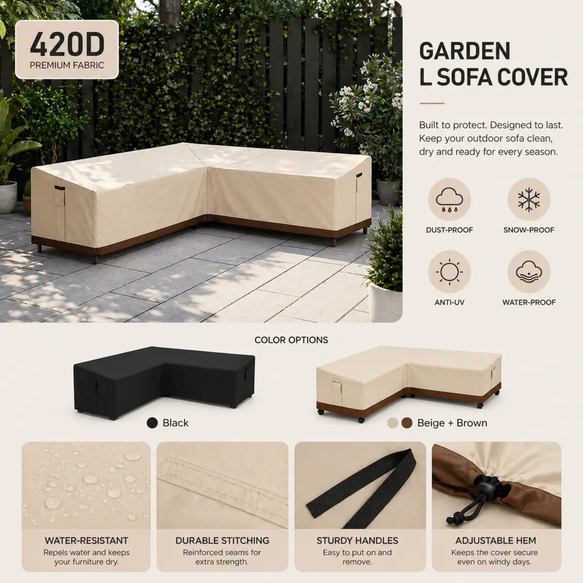 Heavy Duty Waterproof Cover for L-Shaped & Chaise Lounge Sofas – 420D Oxford