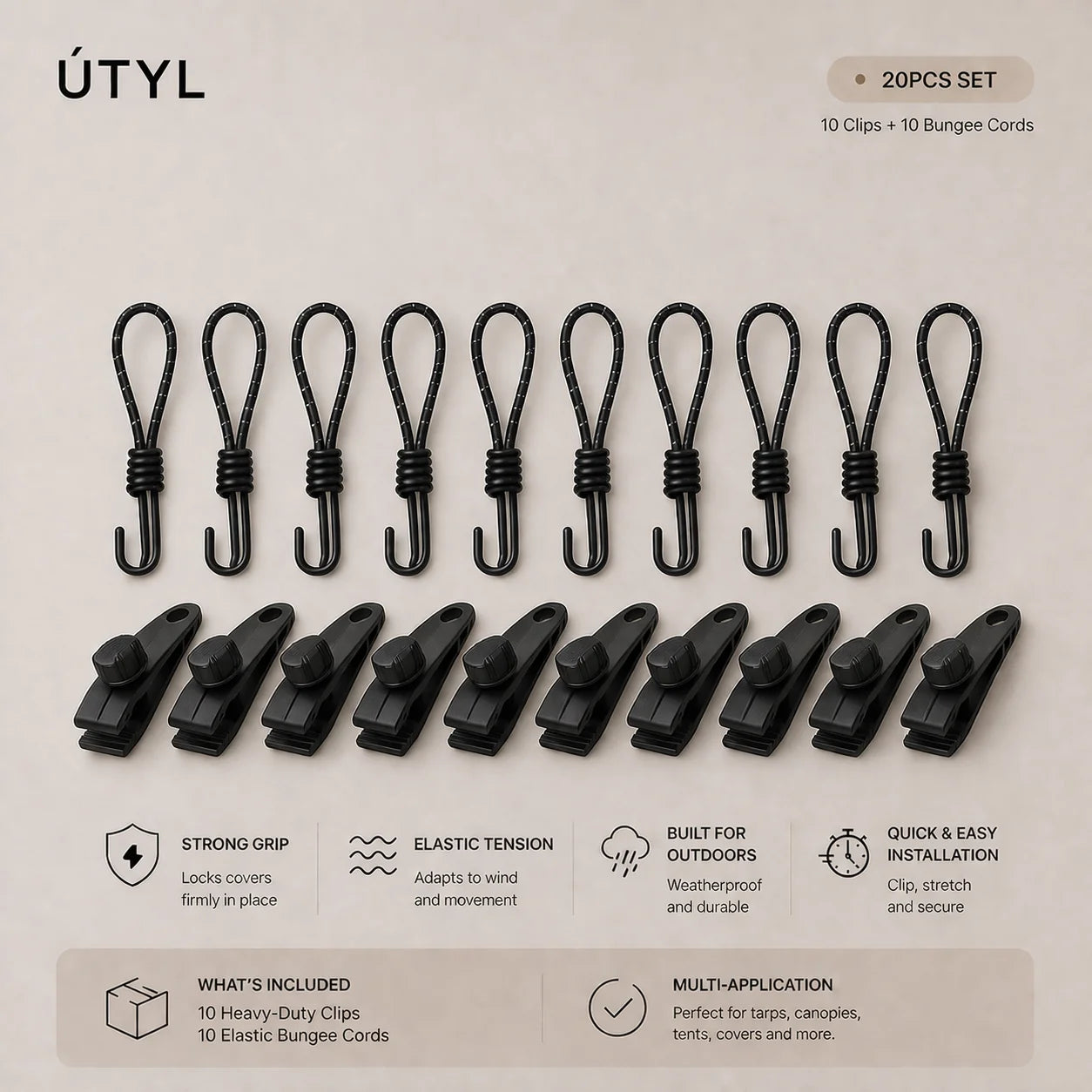 Heavy-Duty Tarp Clips with Elastic Bungee Cords – Secure Grip for Outdoor Covers (20PCS Set)