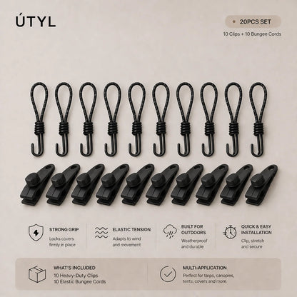Heavy-Duty Tarp Clips with Elastic Bungee Cords – Secure Grip for Outdoor Covers (20PCS Set)